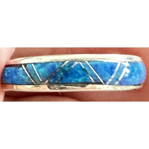 Navajo Zuni Made Blue Lab Opal 4mm Inlay Ring Size 8 w/ Gift Box - Picture 7 of 7